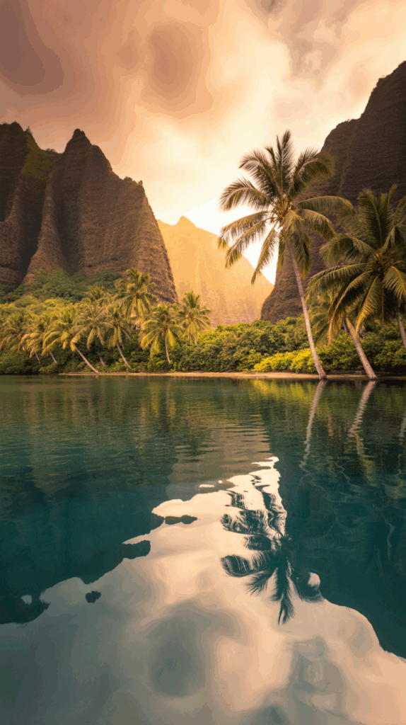 A tranquil tropical scene with palm trees reflecting on calm water, surrounded by lush greenery and towering cliffs under a warm, golden sky.