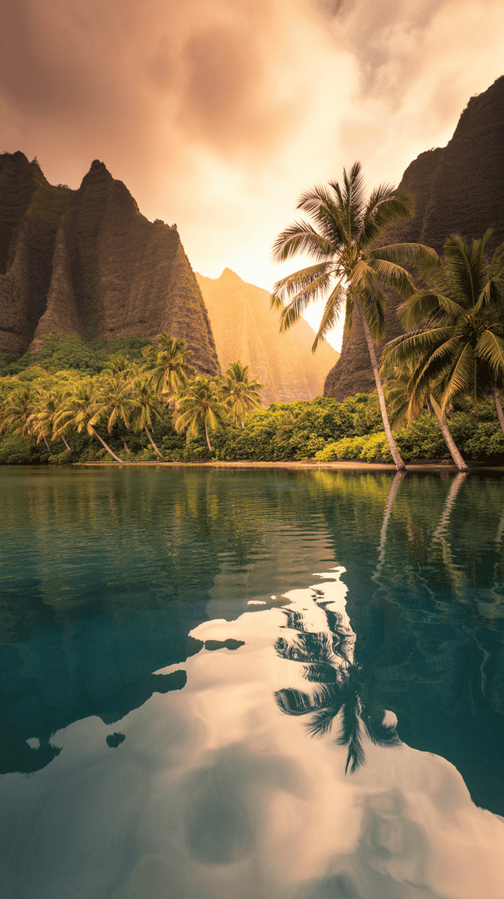 A tranquil tropical scene with palm trees reflecting on calm water, surrounded by lush greenery and towering cliffs under a warm, golden sky.
