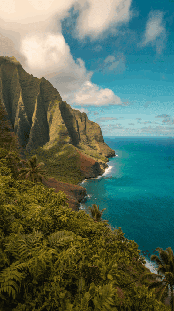 Scenic view of rugged, green cliffs descending into the vibrant blue ocean below, with lush tropical vegetation in the foreground and a partly cloudy sky overhead.