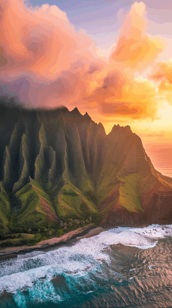 Aerial view of a rugged coastline with dramatic green cliffs and a sandy beach, under a colorful sky at sunset.