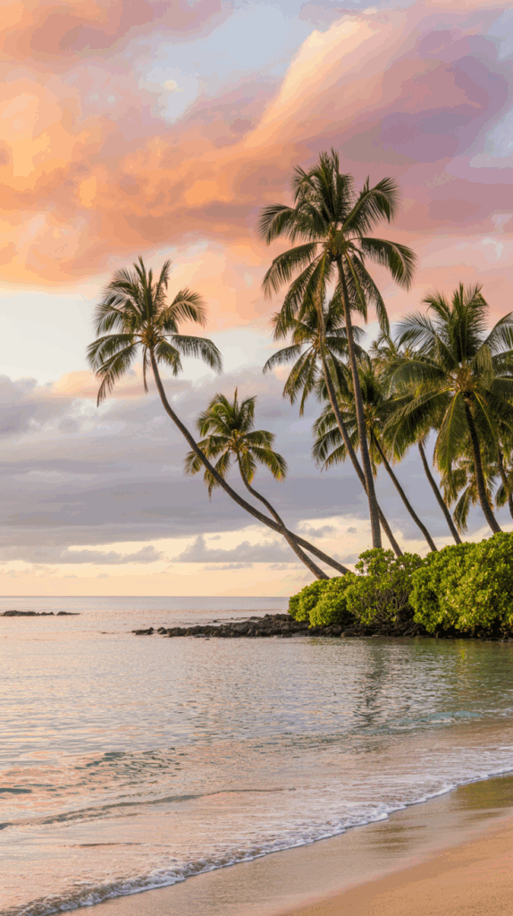 Tropical beach scene with palm trees leaning over the shoreline, calm sea, and a colorful sunset sky with orange and pink clouds.
