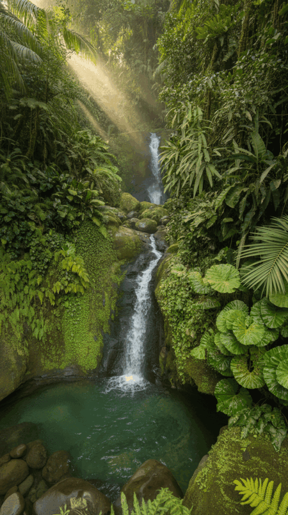 A picturesque waterfall cascading into a serene pool, surrounded by lush green tropical foliage and illuminated by sunbeams filtering through the forest canopy.
