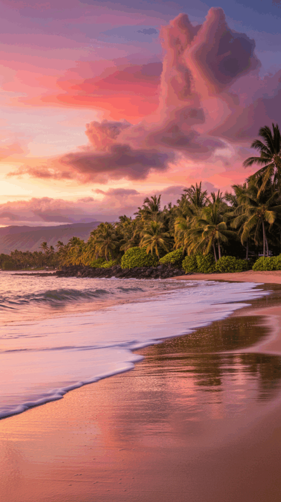 A tropical beach at sunset with gentle waves lapping at the shore, palm trees along the coastline, and vibrant pink and orange clouds in the sky.