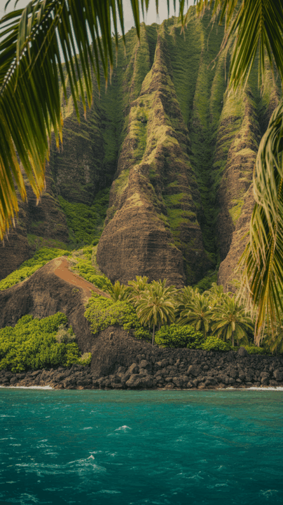 Lush, green cliffs rise steeply from the turquoise ocean, with palm trees and greenery at the base. Framed by overhanging palm fronds, the scene conveys a tropical, untouched landscape.