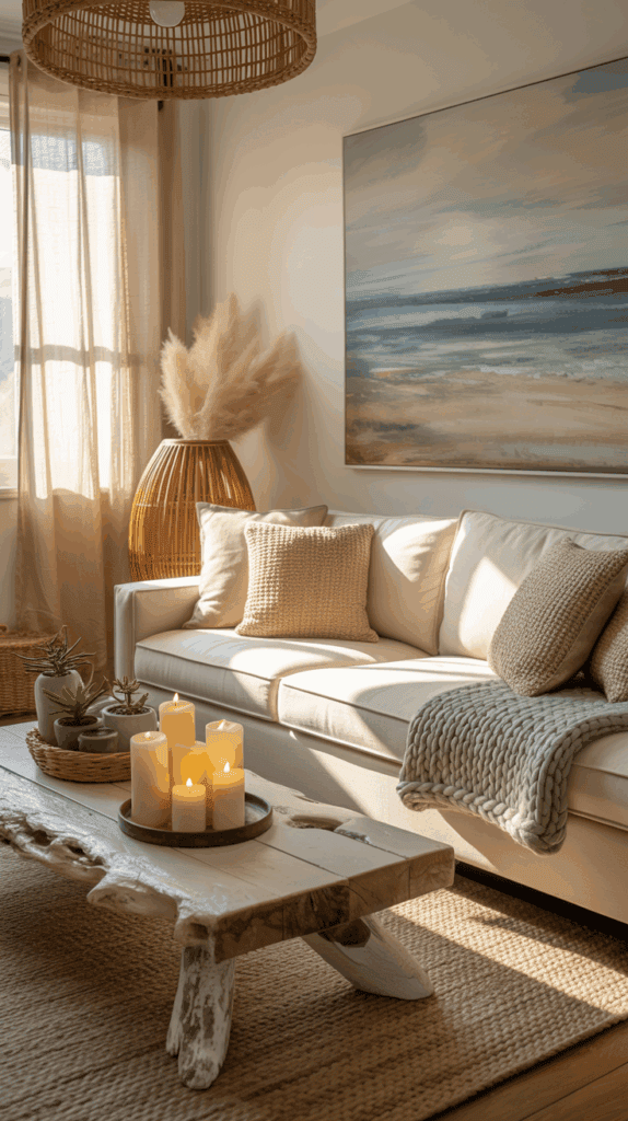 A cozy living room features a beige couch with textured pillows and a knitted throw. A rustic wooden coffee table holds lit candles and small plants. A large painting with ocean hues hangs on the wall, and pampas grass is displayed in a basket. Natural light streams through sheer curtains, enhancing the warm, inviting ambiance.