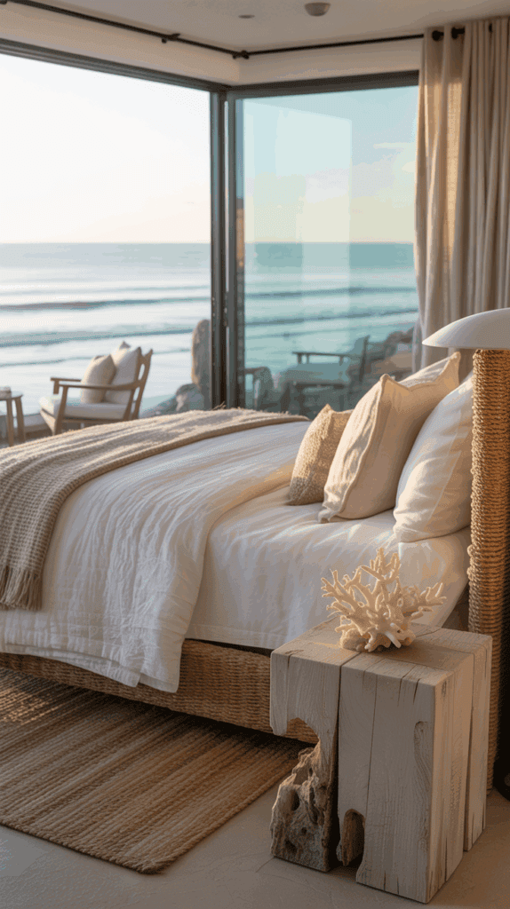 A cozy coastal-style bedroom with a large bed featuring white linens and beige pillows. A driftwood bedside table holds a coral decoration. Large windows offer a view of the ocean, with outdoor seating visible on a balcony.