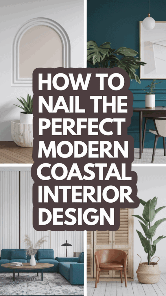 A collage of modern coastal interior designs featuring a potted plant, a dining area with a teal wall and artwork, a living room with a blue sofa, and a wooden chair beside a large plant. Text overlay reads: 'How to Nail the Perfect Modern Coastal Interior Design.'