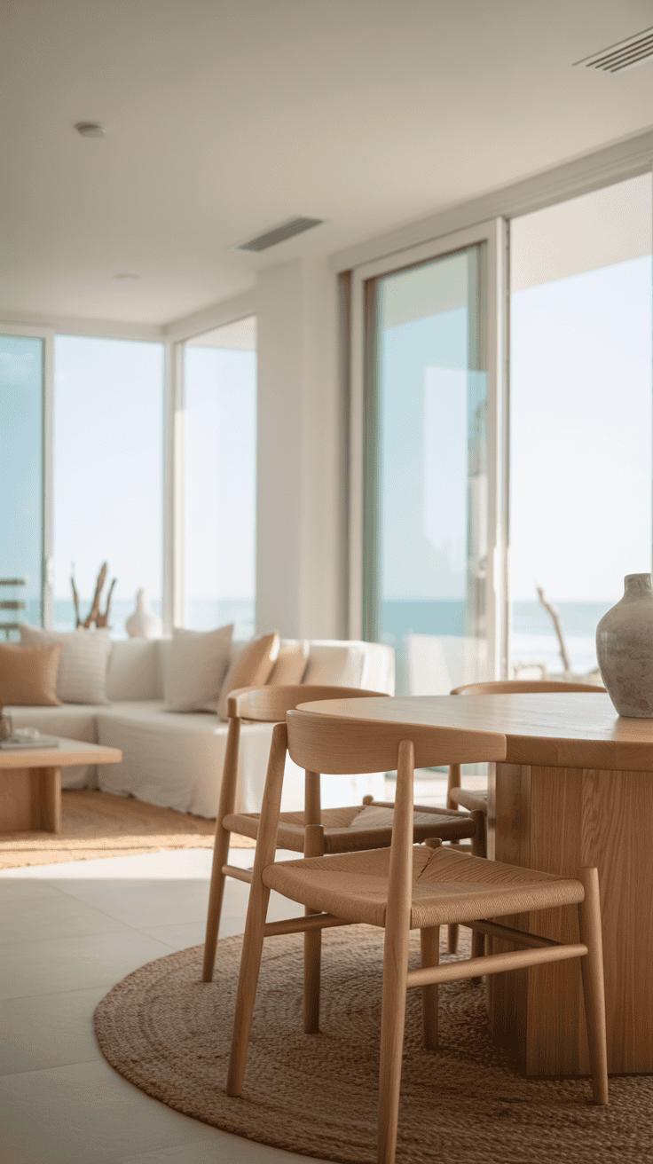 Bright, minimalist living room with wooden chairs and a round table on a woven rug, large sofa with cushions, floor-to-ceiling windows, and an ocean view.