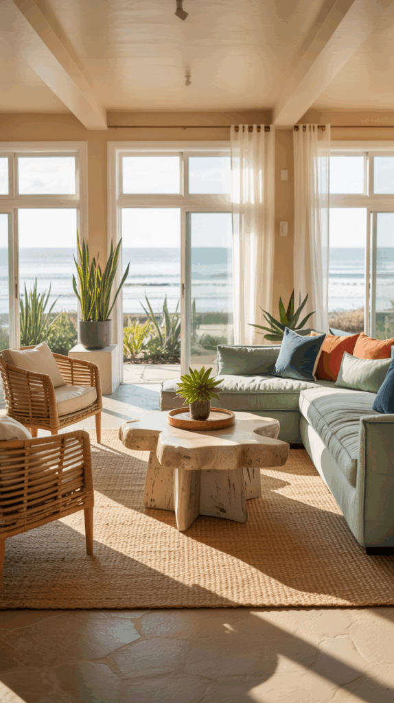 A bright, open living room with a large window view of the ocean, featuring a light wood coffee table with a potted plant, a beige rug, and cushioned seating in neutral tones, accented by blue and orange pillows.