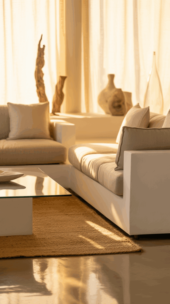 A modern living room with beige sofas, accented with matching throw pillows, and a glass coffee table on a woven rug. Natural light streams in through large curtained windows, casting soft shadows and highlighting decorative wooden and ceramic vases on a ledge.