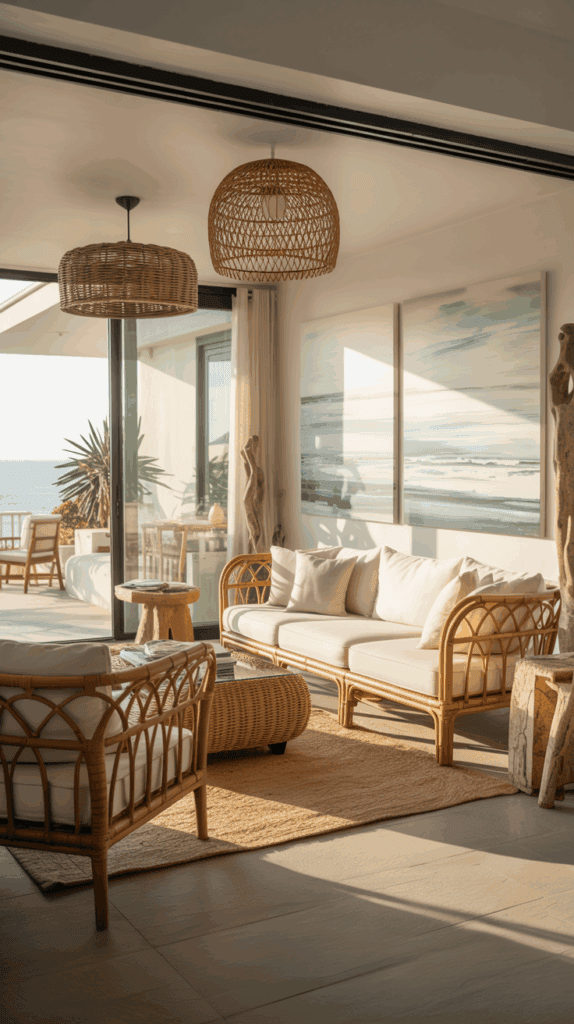A bright and airy living room with rattan furniture, featuring a sofa with white cushions, a round coffee table, and wicker pendant lights. Large glass doors open to an outdoor balcony with sea views.