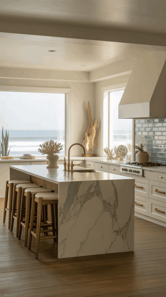 Modern kitchen interior with a marble island, gold faucet, wooden stools, and beach-themed decor, featuring large windows overlooking the ocean.