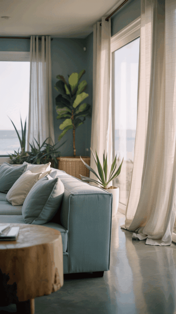 A cozy living room featuring a light blue sofa with white and pale blue cushions, adjacent to large windows with sheer curtains. Several potted plants, including a fiddle leaf fig and aloe, are placed near the windows, offering a view of the ocean outside.