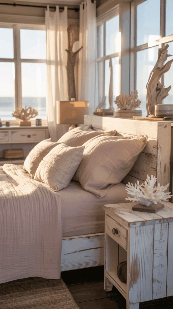 A cozy bedroom with a rustic wooden bed adorned with soft pink bedding and several decorative pillows. The room is decorated in a beach-themed style, featuring driftwood and coral ornaments on the furniture. Sunlight streams through large windows, illuminating the light curtains and creating a warm atmosphere.