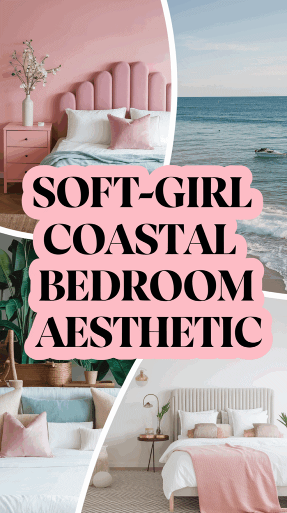 Collage featuring cozy bedroom interiors with pink and pastel accents, soft pillows, and coastal-themed decor, alongside an ocean view, with the text 'Soft-Girl Coastal Bedroom Aesthetic' in bold black letters on a pink background.