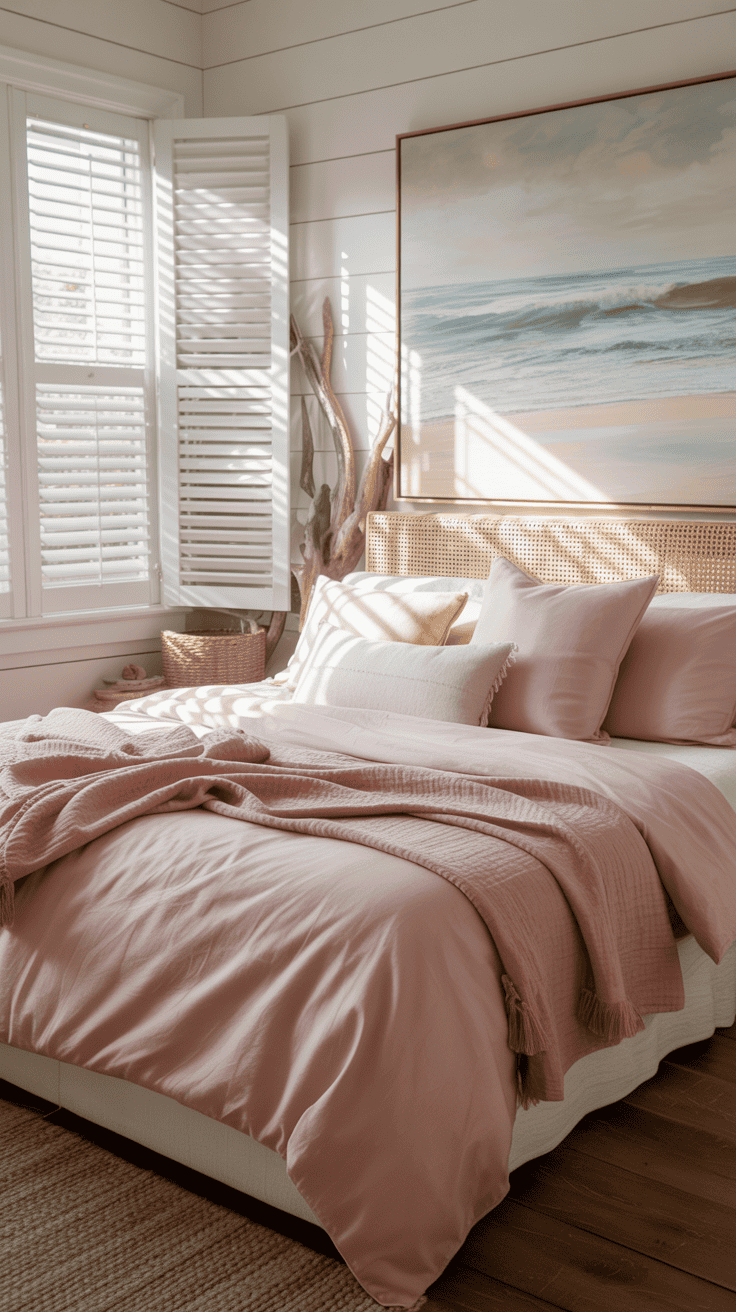 A cozy bedroom with pastel pink bedding and pillows on a neatly made bed. The room features shiplap walls, a large ocean painting above the headboard, and sunlight streaming through white plantation shutters. A wicker basket and driftwood accents add to the serene, coastal decor.