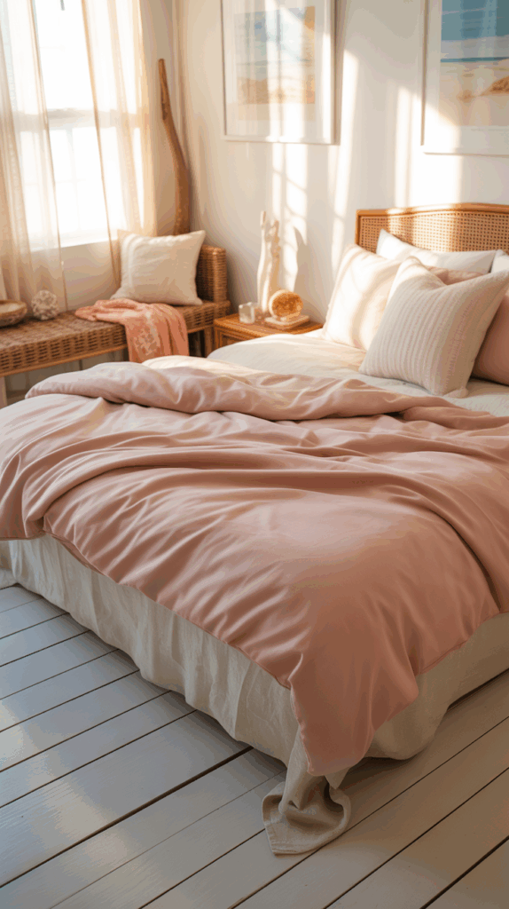 A cozy bedroom with a rattan headboard, peach-colored bedding, and decorative pillows. Sunlight filters through sheer curtains, casting soft shadows on the floor. The room includes a wicker bench with a throw blanket and various decorative items, enhancing the tranquil ambiance.