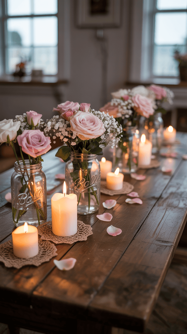 A rustic wooden table decorated with pink and white roses in glass jars, surrounded by lit candles and scattered rose petals, creating a romantic and cozy atmosphere.