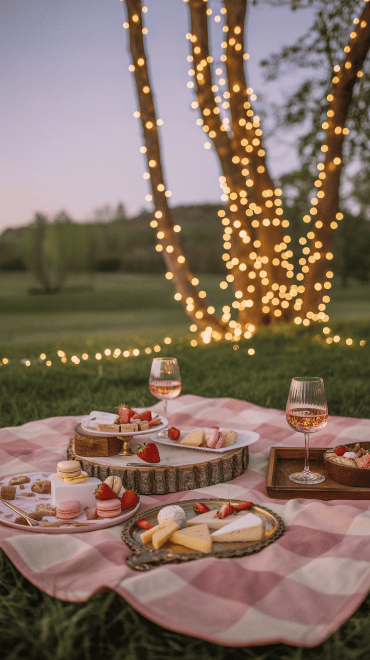 A picnic setup on a checkered blanket featuring a variety of cheeses, macarons, strawberries, and two glasses of rosé wine, with a tree wrapped in string lights in the background, creating a cozy atmosphere.