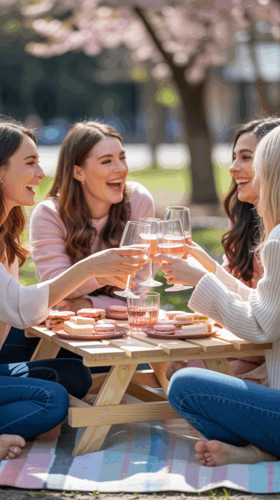 Four women sitting on a picnic blanket in a park, smiling and clinking glasses filled with a pink beverage, with a small wooden table in front of them holding plates of sandwiches and macarons.