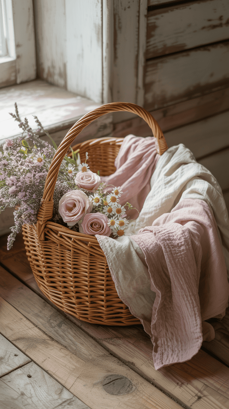 A wicker basket filled with pink roses, daisies, and lavender, draped with light pink and white fabric, placed on a wooden floor by a rustic window.