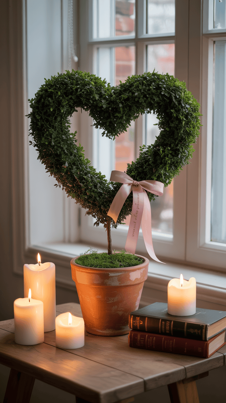 A heart-shaped topiary decorated with a pink ribbon, placed in a terracotta pot on a wooden table, surrounded by glowing candles and a stack of books, next to a window with soft daylight.