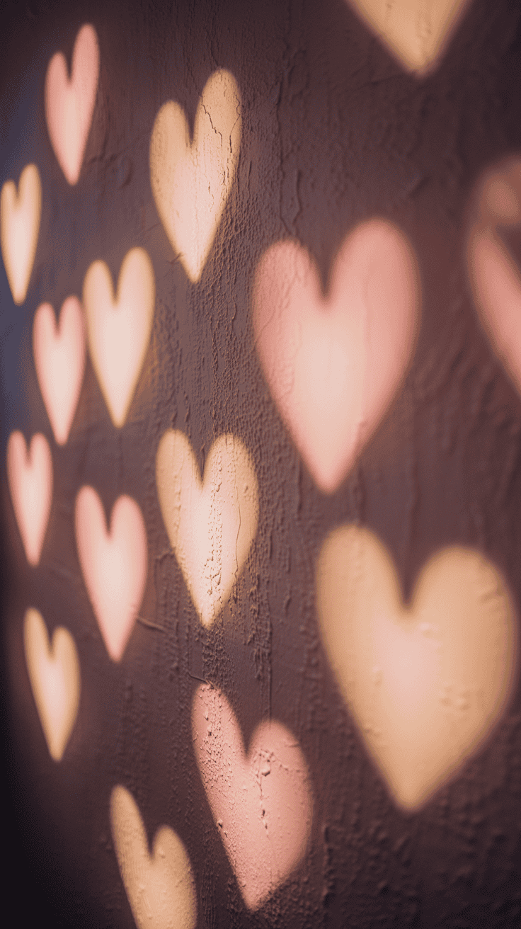 Softly lit heart shapes projected onto a textured wall, creating a warm and romantic atmosphere.