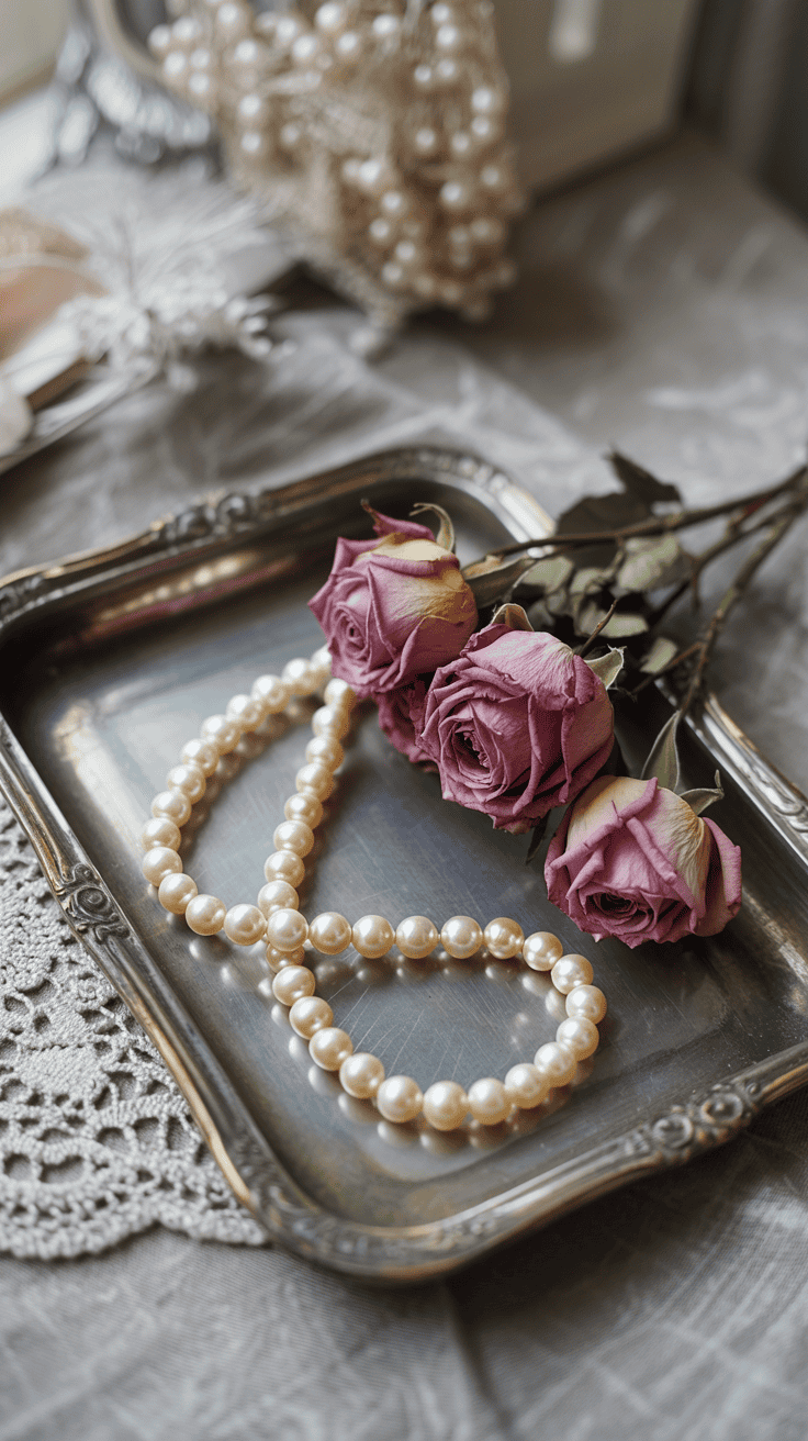 A vintage silver tray with three wilted purple roses and a string of white pearls resting on a lace-covered surface.
