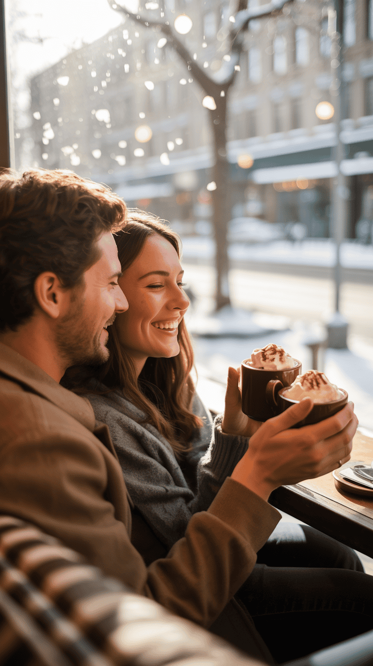 A couple sitting in a cozy cafe, smiling and holding mugs of hot chocolate topped with whipped cream, with a snowy street scene outside the window.
