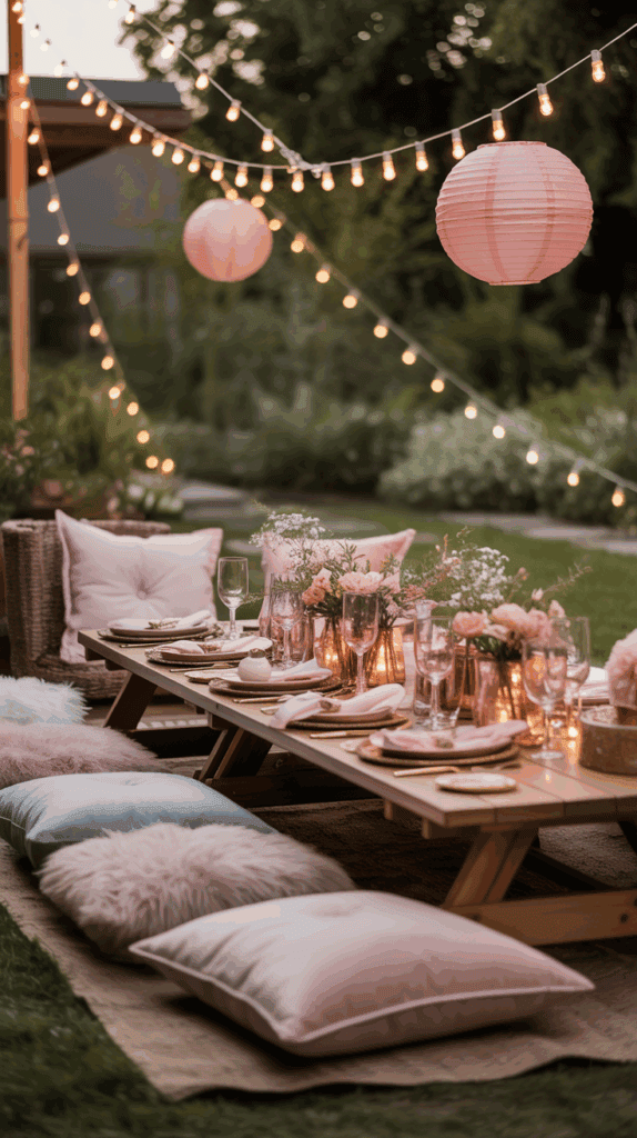 An outdoor dinner setup featuring a low wooden table adorned with pink and gold tableware, surrounded by decorative pillows and soft cushions. Pink floral centerpieces and glassware enhance the elegant theme, with string lights and pink lanterns creating a cozy ambiance in a garden setting.