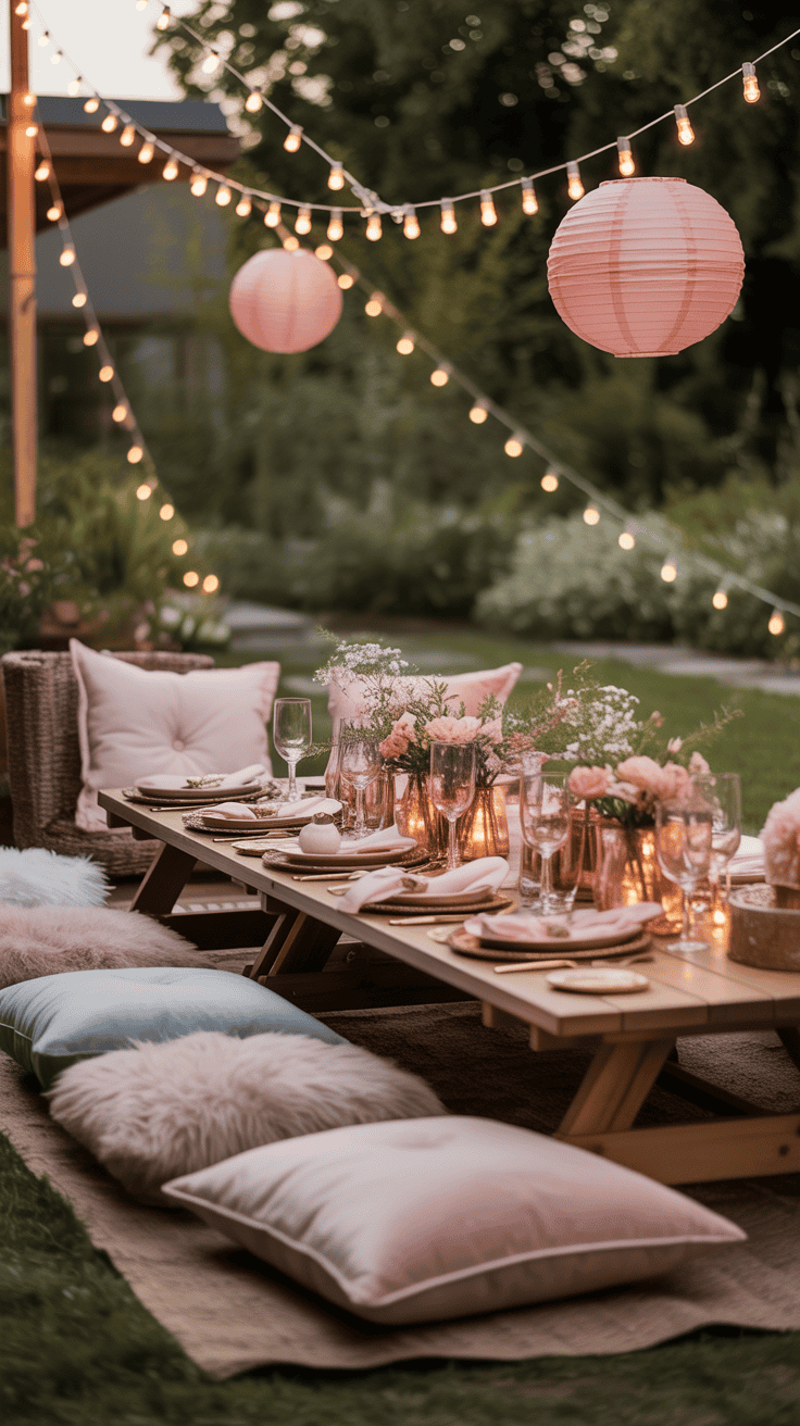 An outdoor dinner setup featuring a low wooden table adorned with pink and gold tableware, surrounded by decorative pillows and soft cushions. Pink floral centerpieces and glassware enhance the elegant theme, with string lights and pink lanterns creating a cozy ambiance in a garden setting.