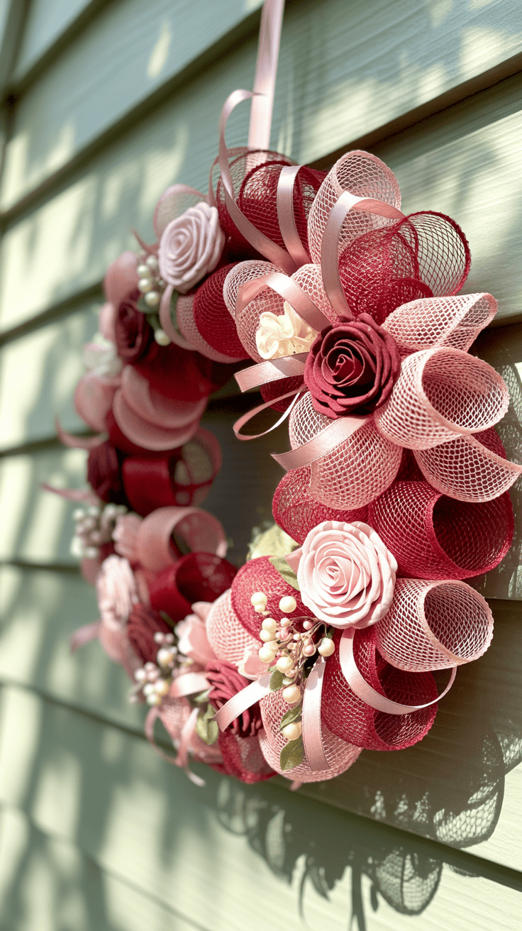 A decorative wreath hangs on a wall, featuring pink and red mesh loops, artificial roses, and berry accents, all tied together with ribbon.