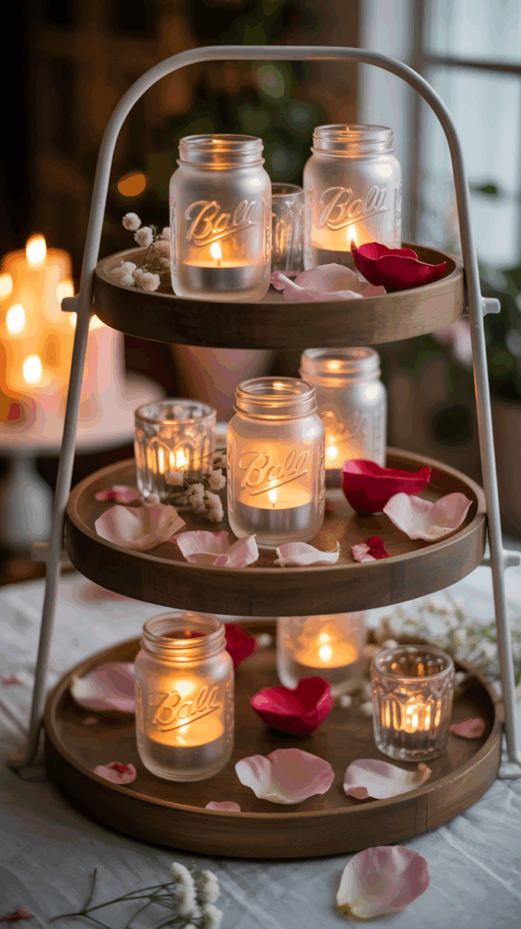 A three-tiered wooden tray display adorned with frosted glass jars and votive candles, surrounded by scattered pink and red rose petals, and small white flowers, creating a romantic and warm atmosphere.