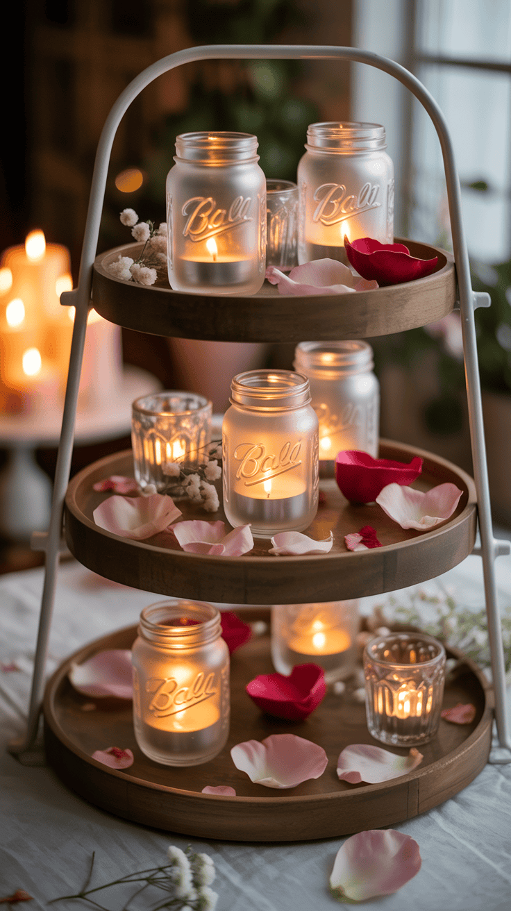 A three-tiered wooden tray display adorned with frosted glass jars and votive candles, surrounded by scattered pink and red rose petals, and small white flowers, creating a romantic and warm atmosphere.