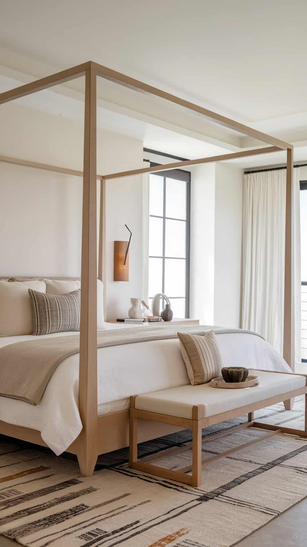 A minimalist bedroom with a wooden canopy bed, white and beige bedding, and a decorative rug in a softly lit space.