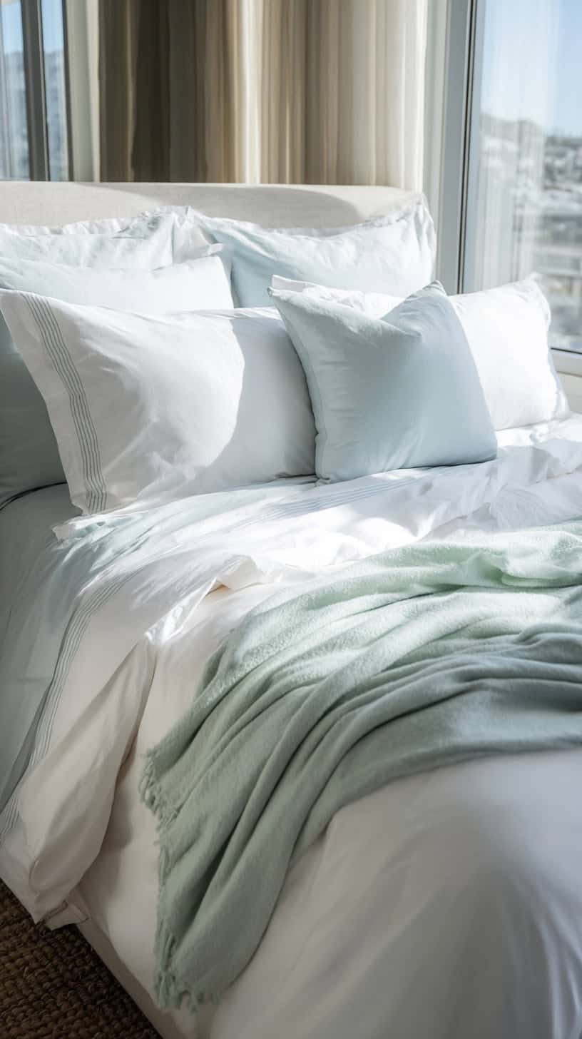 White and Light Blue Bedding - Image 1