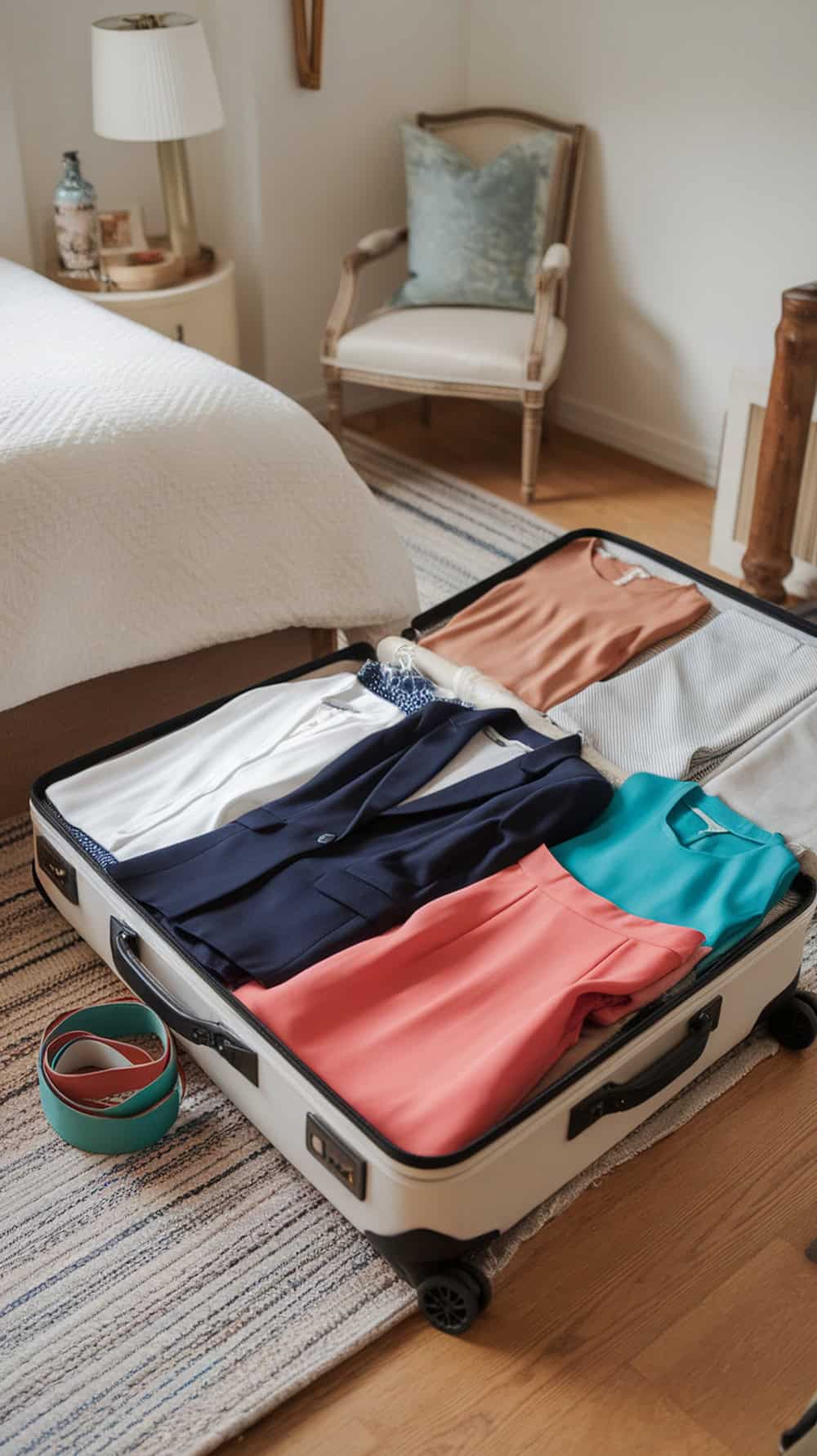 Open suitcase on a bedroom floor with neatly folded clothes and accessories.