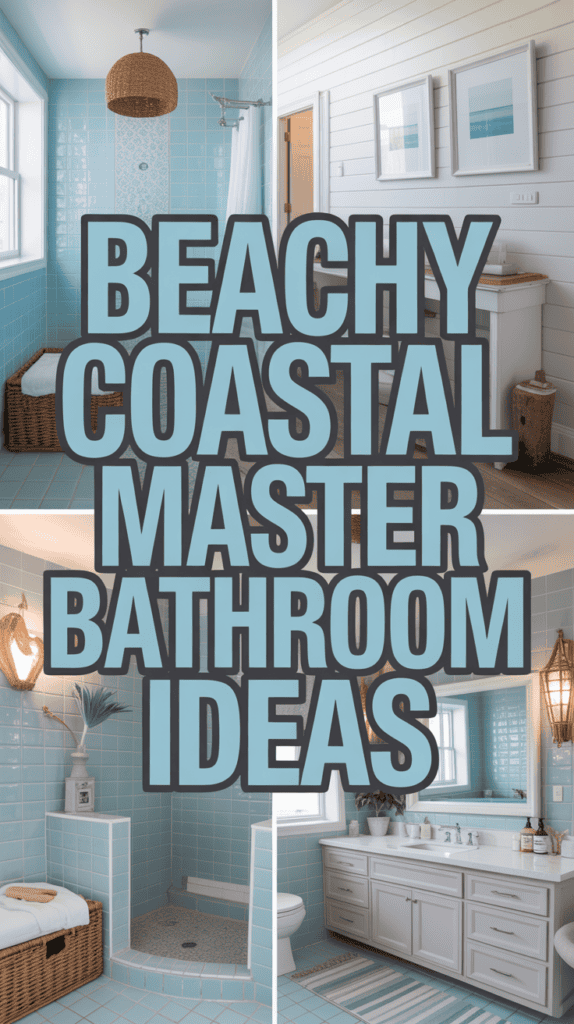 Collage of beachy coastal bathroom designs featuring blue tiles, wicker lighting, and white cabinetry.