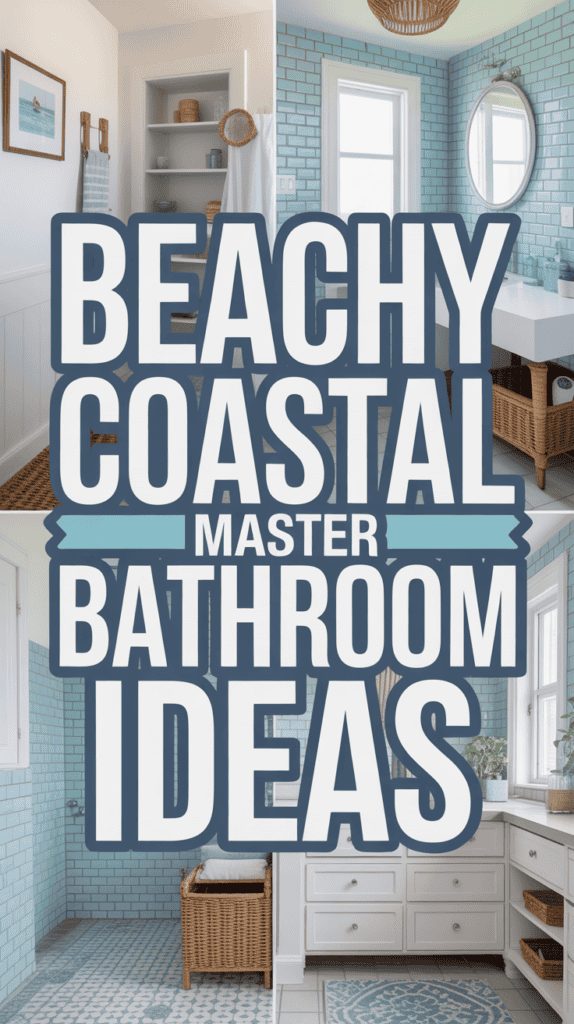 Collage showing a beach-themed bathroom with blue tiles, wicker accents, and large text reading "Beachy Coastal Master Bathroom Ideas."