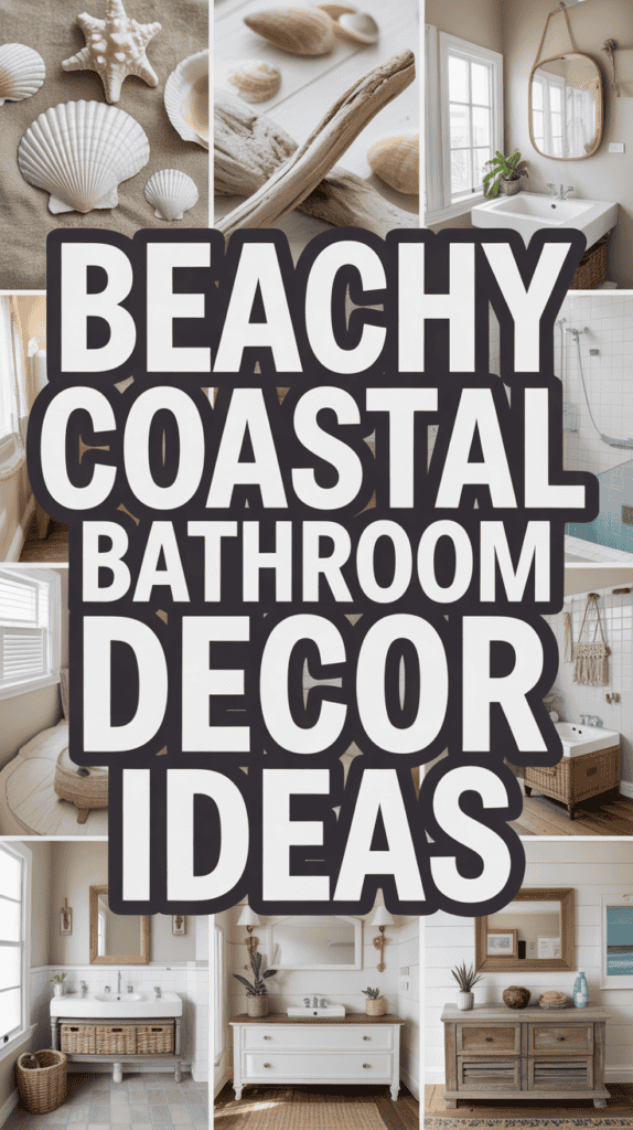 Beach-themed bathroom decor ideas with shells, driftwood, and airy coastal designs.