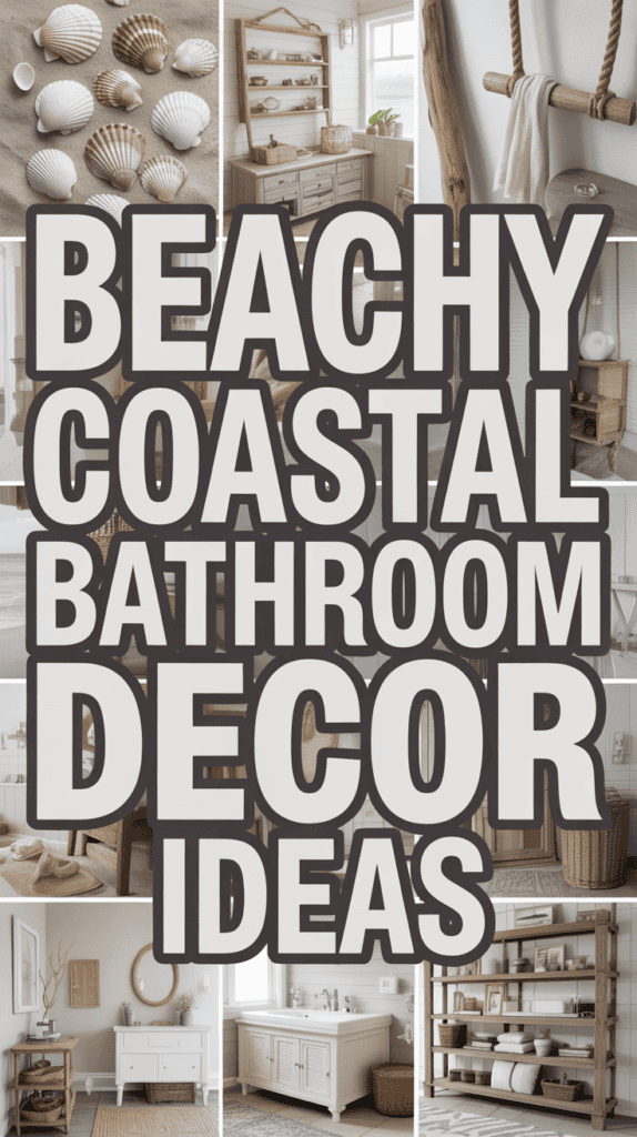 Collage of beach-themed bathroom decor with seashells, rope, and coastal elements, featuring large text "BEACHY COASTAL BATHROOM DECOR IDEAS".