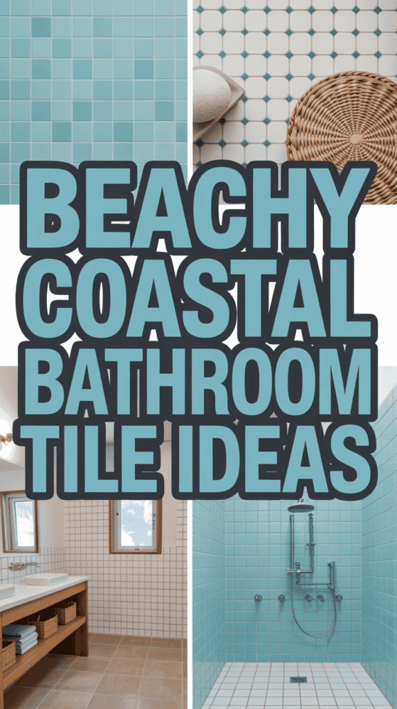 Beachy coastal bathroom tile ideas with images of blue tiles, a circular mat, and a shower with matching tiles.