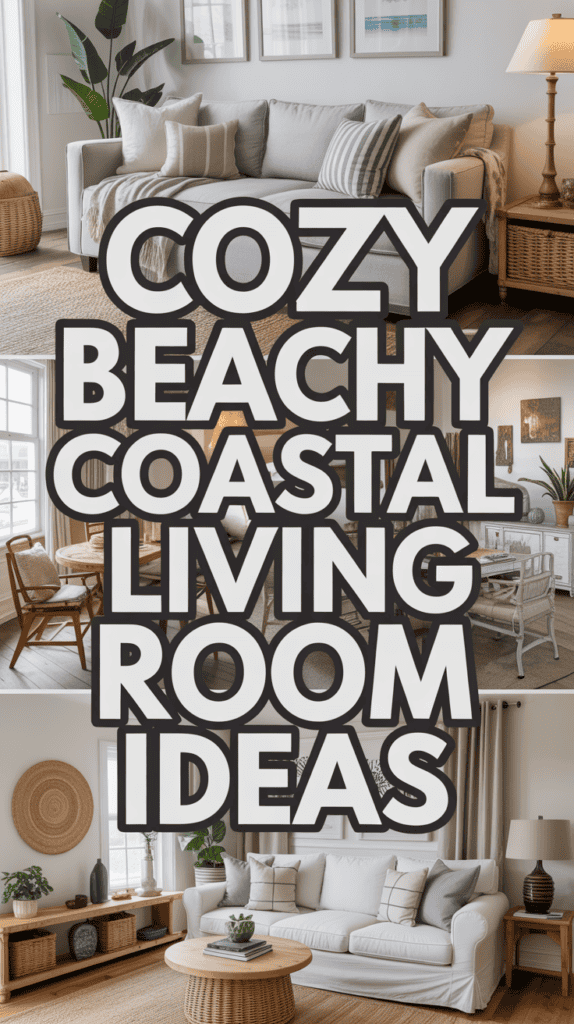 Collage of coastal-themed living rooms featuring neutral tones, wooden furniture, and nautical decor elements.