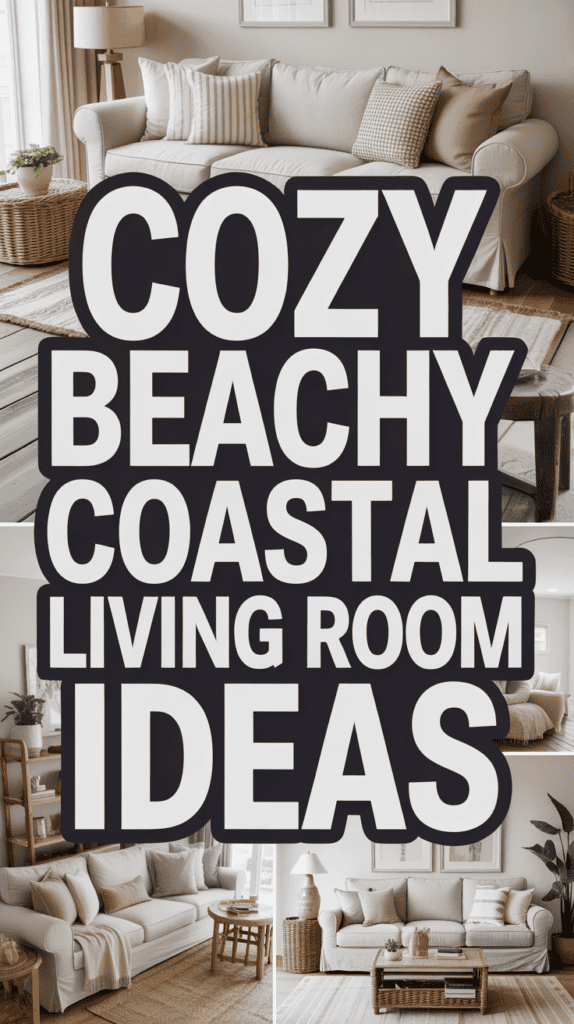 Text reading "Cozy Beachy Coastal Living Room Ideas" overlaying images of a stylish living room with neutral tones and coastal decor.