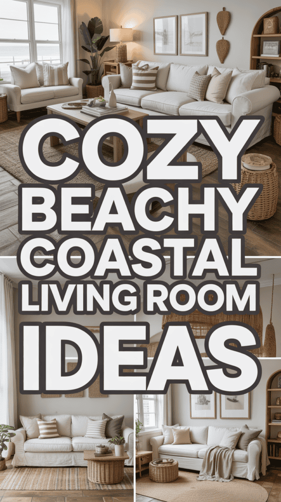 Living room with beach-themed decor, featuring a white sofa, wicker furniture, and green plants. Text reads "Cozy Beachy Coastal Living Room Ideas."