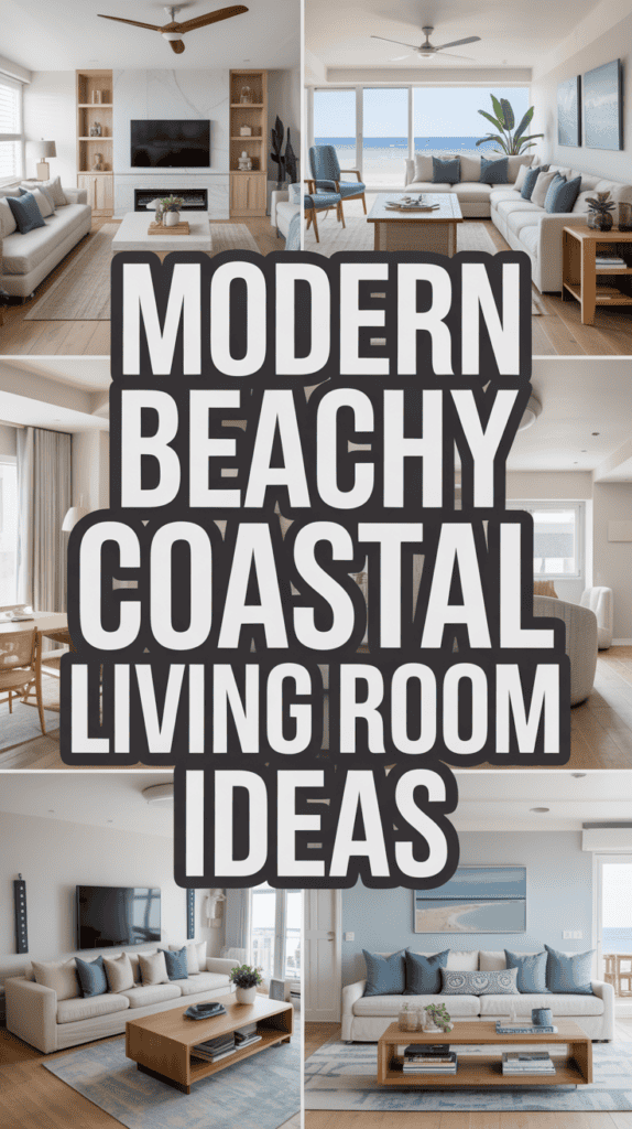 Collage of modern coastal living rooms with neutral tones, large windows, and beach-themed decor.