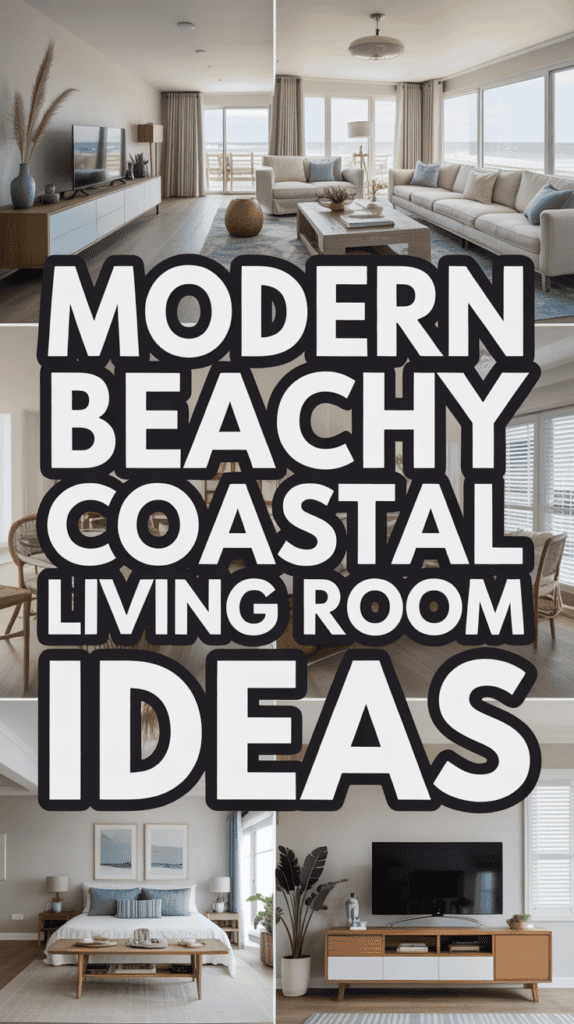 Collage of modern coastal living rooms featuring neutral tones, light wood furniture, and ocean views.