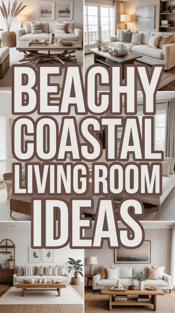 Collage of beachy coastal living room designs featuring neutral tones, wooden furniture, and ocean-themed decor.