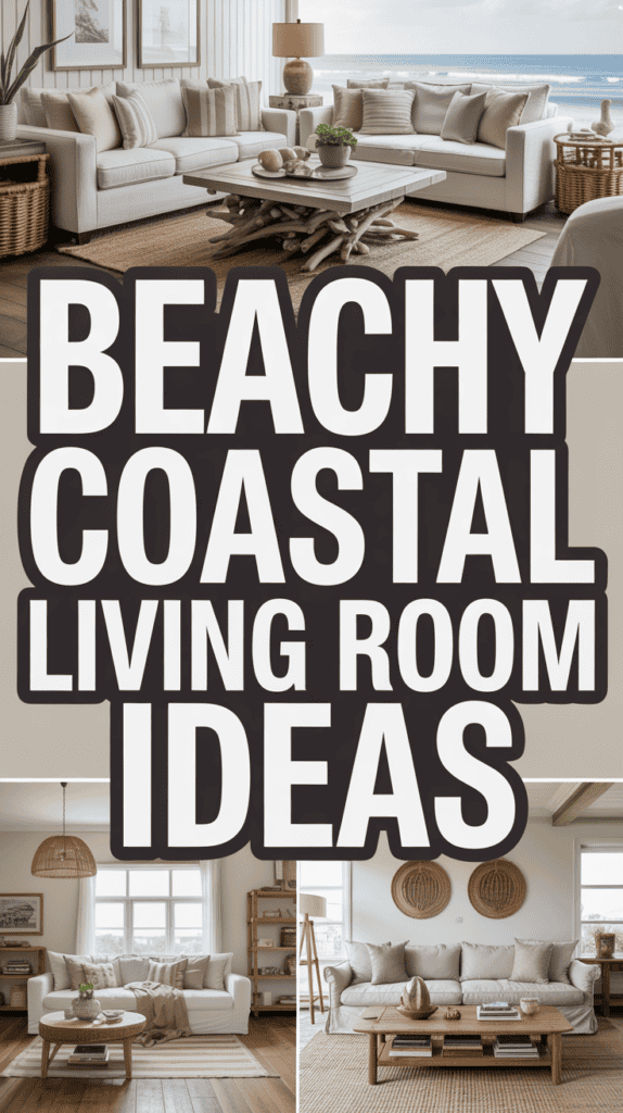 Text reading "Beachy Coastal Living Room Ideas" over three cozy, coastal-themed living rooms with neutral tones and natural materials.