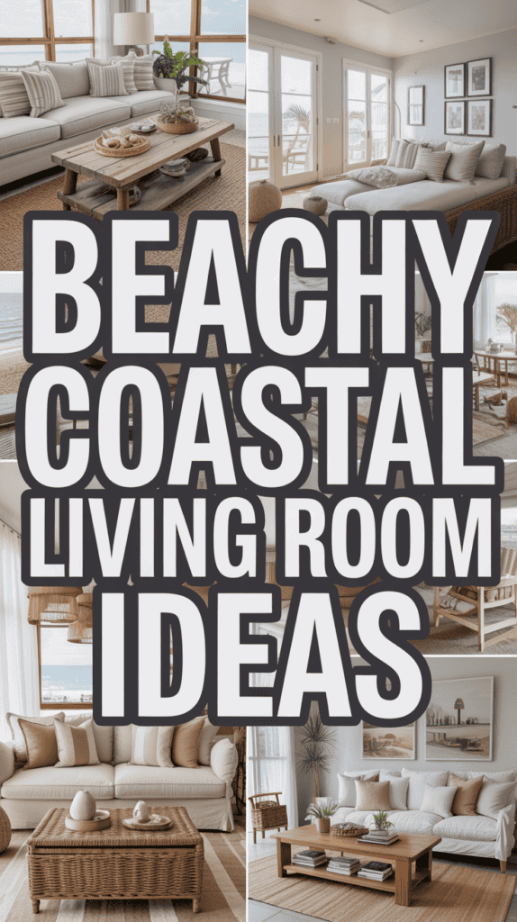 Collage of coastal living room designs featuring neutral tones, wicker furniture, and ocean views.